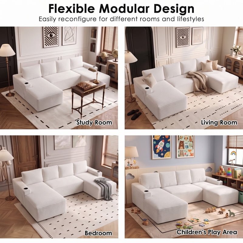 Anpport 133" Boneless Cloud Modular Sectional Couch, Corduroy Sofa with Cup Holders, Side Pockets, Deep Seat, No Assembly Required for Living Room, White (U‑Shaped)