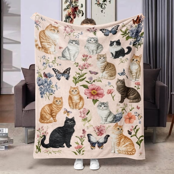 1pc Cozy  &  Floral Throw Blanket - Soft Flannel, All-Season Comfort, Multi-Color Design with Adorable Cats & Flowers, Perfect for Bedroom or Sofa Decor,  Decor