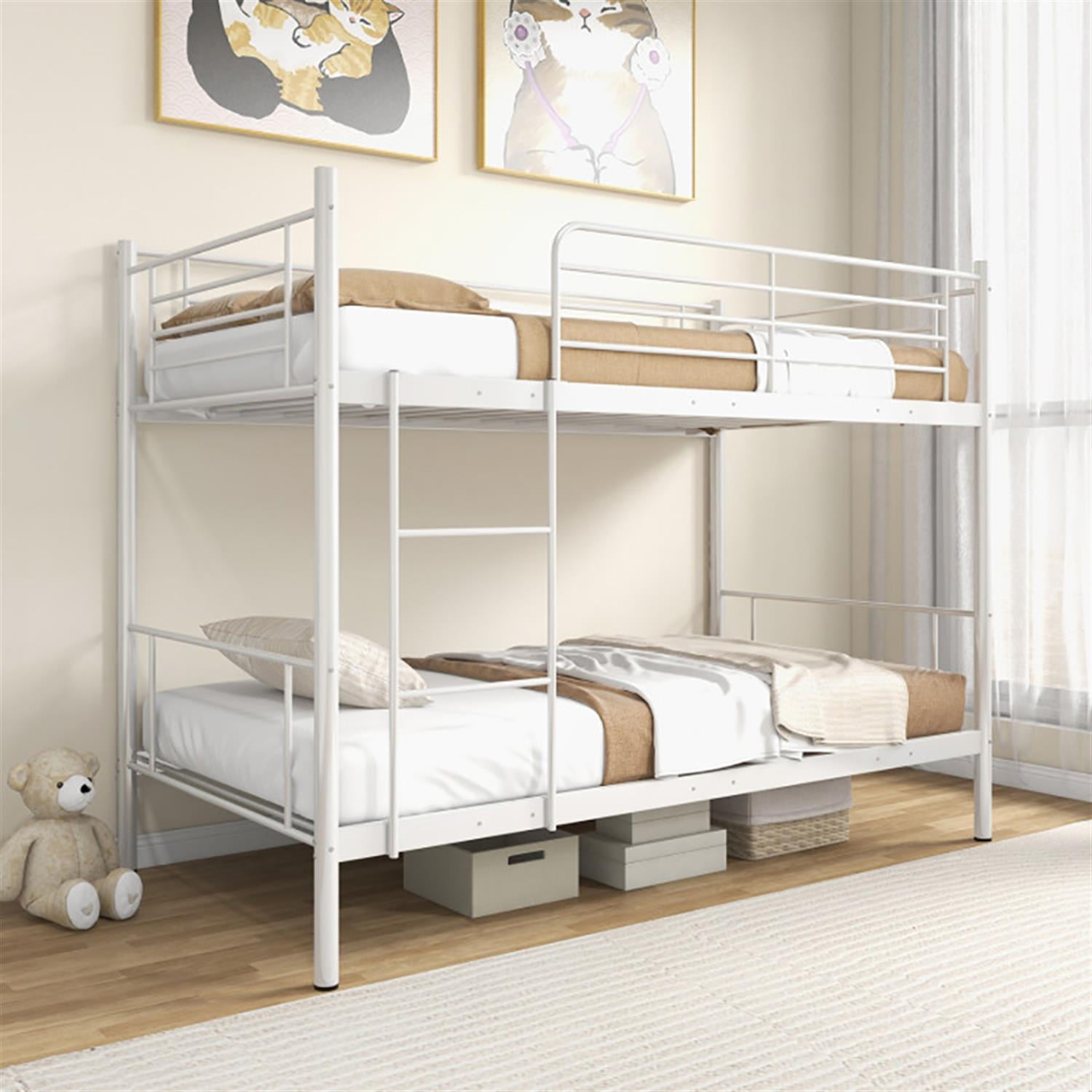Demi Bonn Metal Bunk Bed Frame Twin Over Twin with Ladder and Full-length Guardrails, Heavy Duty Metal Bed Frame, White