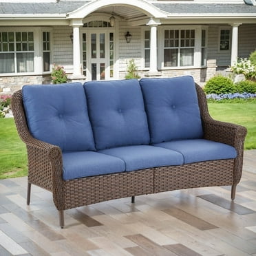 Gymojoy Patio 3-Seat Patio Wicker Couch Outdoor Rattan Sofa Furniture Steel Frame with Deep Seat, Navy