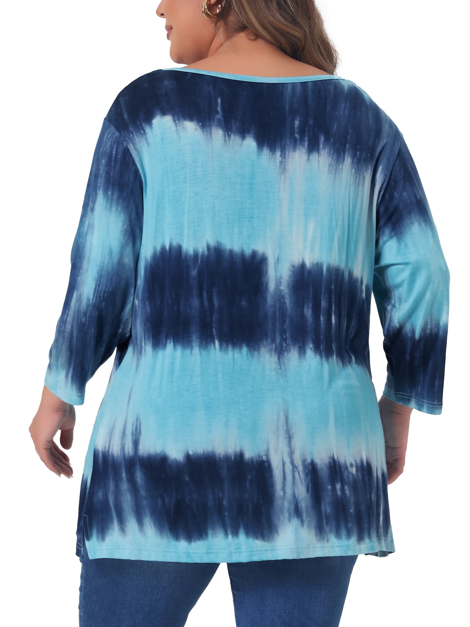 DARING DIVA Women's Plus Size V Neck 3/4 Sleeve Striped Tie Dye Blouse 3X Lake Blue