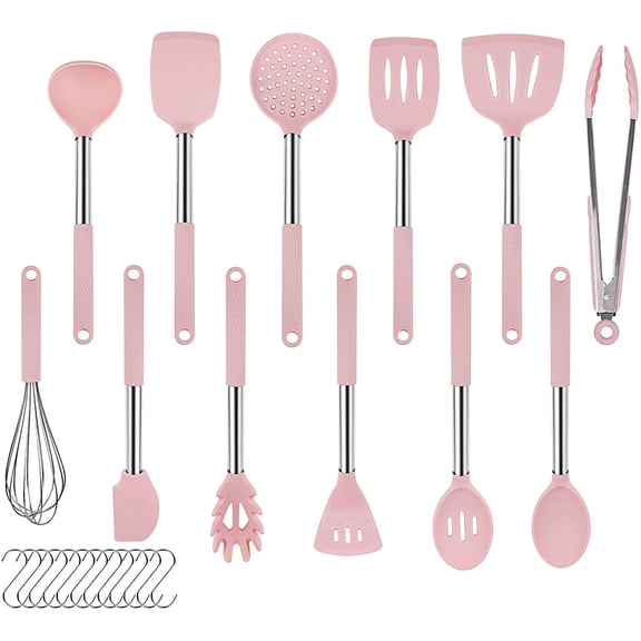 Rorence Silicone Cooking Utensil Set, 12 Pieces Kitchen Utensils Set with Stainless Steel Handle, Non-stick Heat Resistant Silicone Cookware, Pink