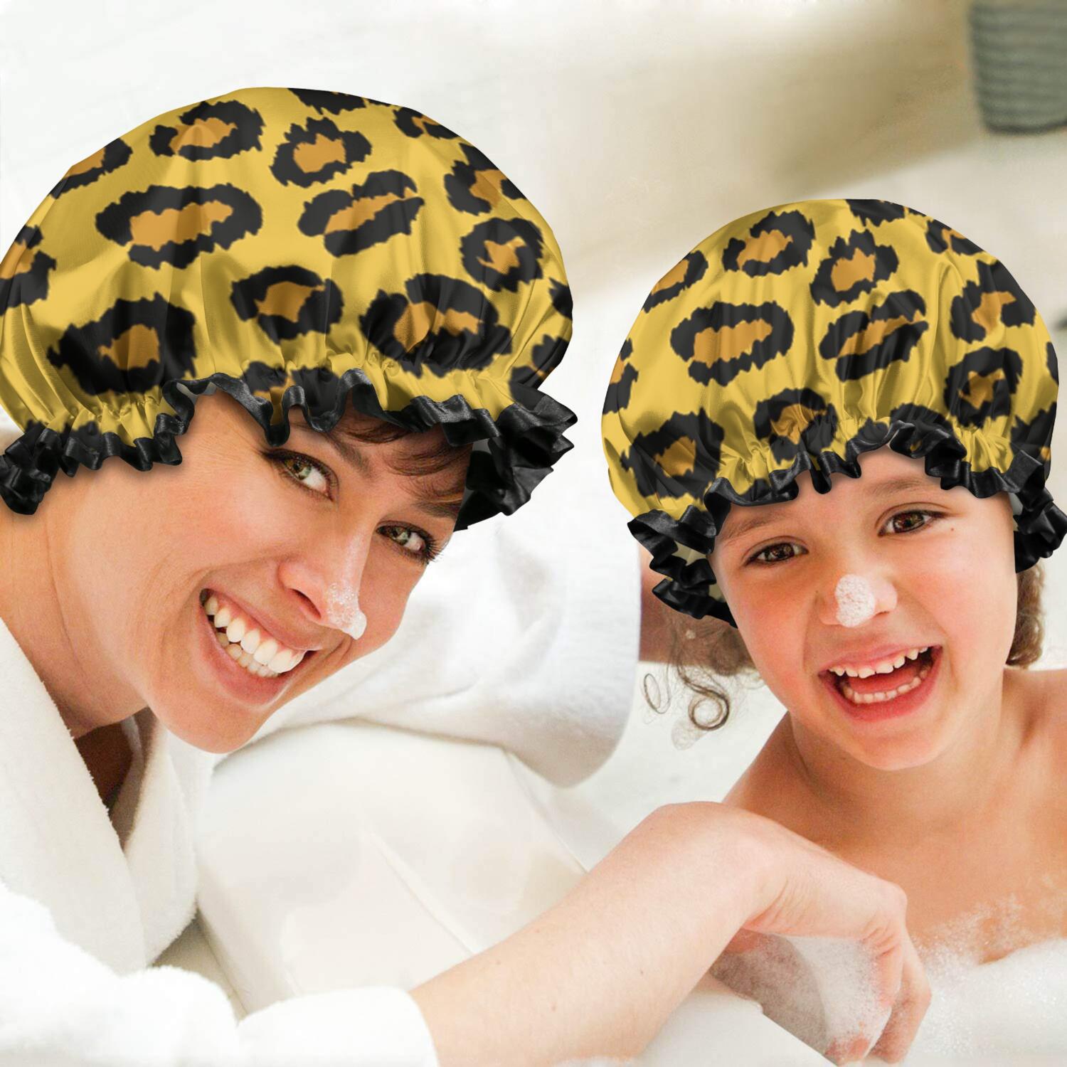 Shower Caps,Yellow and Black Of Leopard Print Waterproof Shower Cap for Women 4 Pieces,Double Reusable Hair Cover for Shower PEVA Elastic Stretch Hem