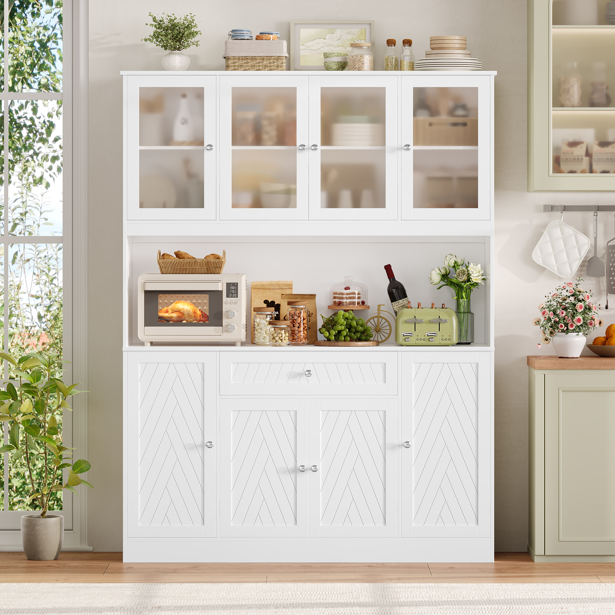 Hiphuta 72" H Kitchen Pantry Cabinet with Frosted Glass Door, 55" W Farmhouse Kitchen Storage Cabinet with Cable Management, Large Kitchen Hutch for Kitchen Dining Room