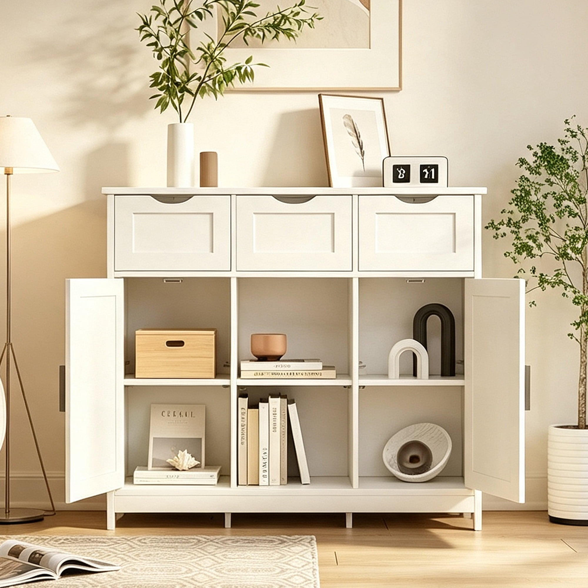 GARITIN Storage Cabinet with Drawers & Shelves, Wooden Floor Cabinet with 3 Drawers, 2 Doors & 3 Adjustable Shelves for Living Room Bedroom Bathroom, White