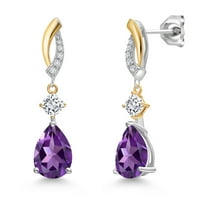 Gem Stone King 925 Silver and 10K Yellow Gold Purple Amethyst and White Moissanite and White Lab Grown Diamond Earrings for Women | 3.93 Cttw | Gemstone February Birthstone | Pear Shape 10X7MM