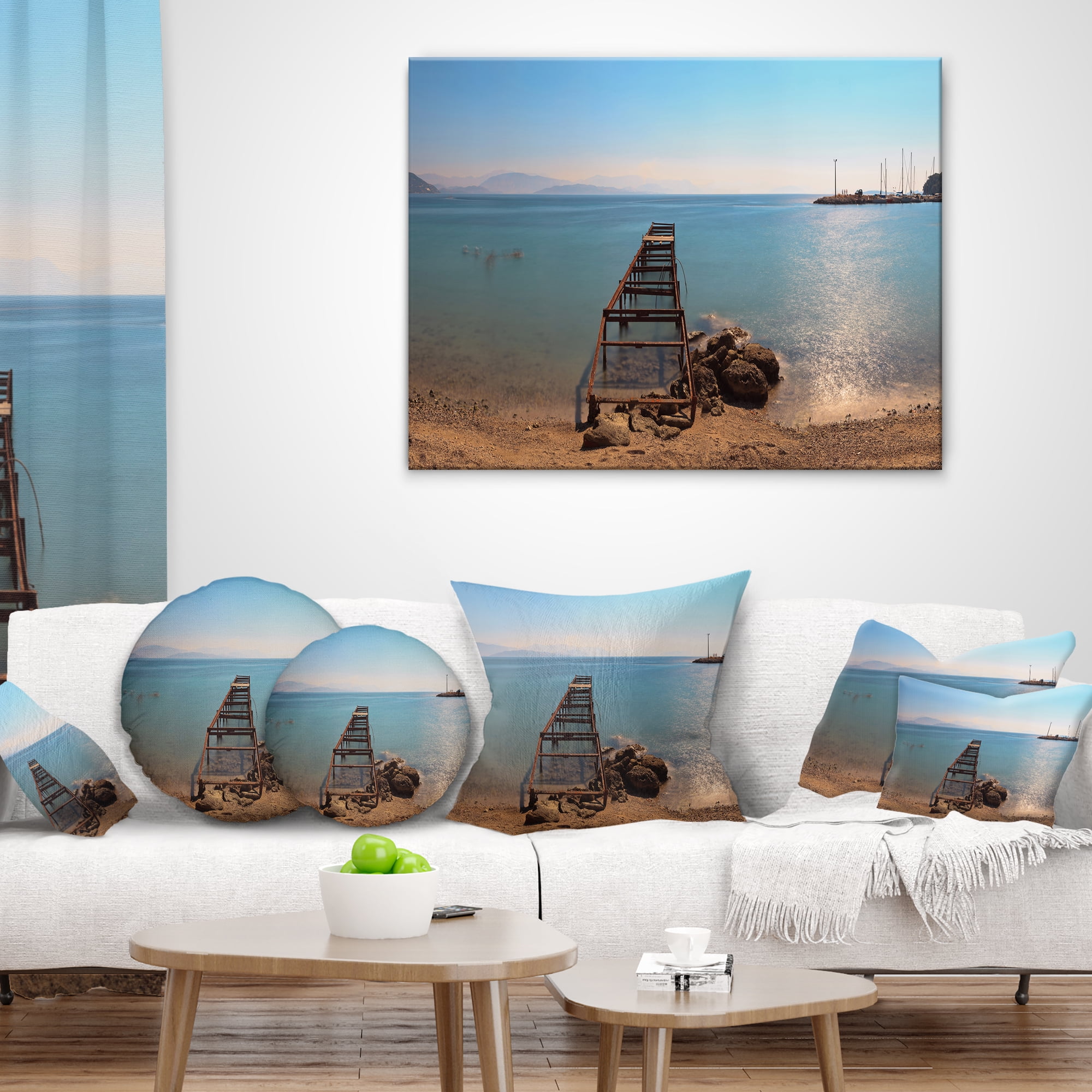 Designart Old Pier at Beach Panoramic View - Wooden Sea Bridge Throw Pillow - 12x20