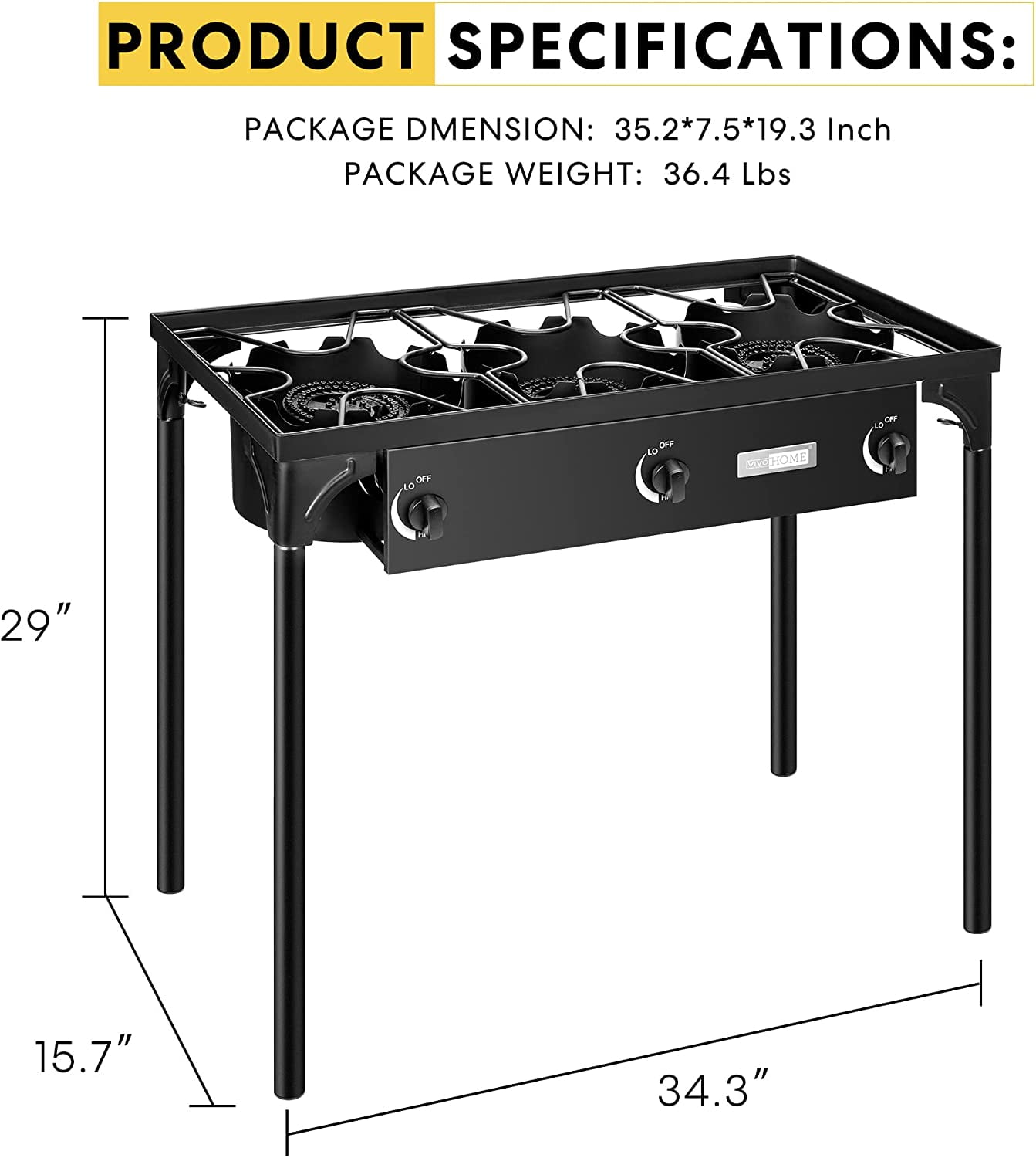 SPECSTAR 3-Burner Propane Camping Stove, Max. 225,000 BTU/hr, with Detachable Legs Stand for Camping Cookout