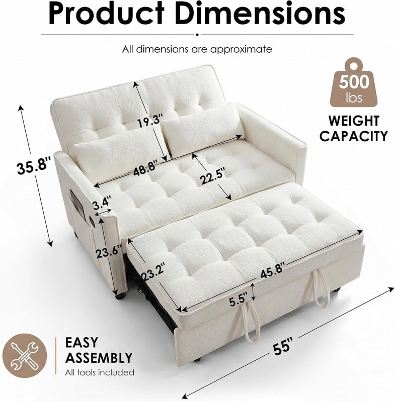 3-in-1 Convertible Sofa Bed with USB Charging Ports, Pull-Out Sleeper Sofa with Adjustable Backrest and Side Pocket, Compact Loveseat Couch for Living Room, Apartment, Dorm