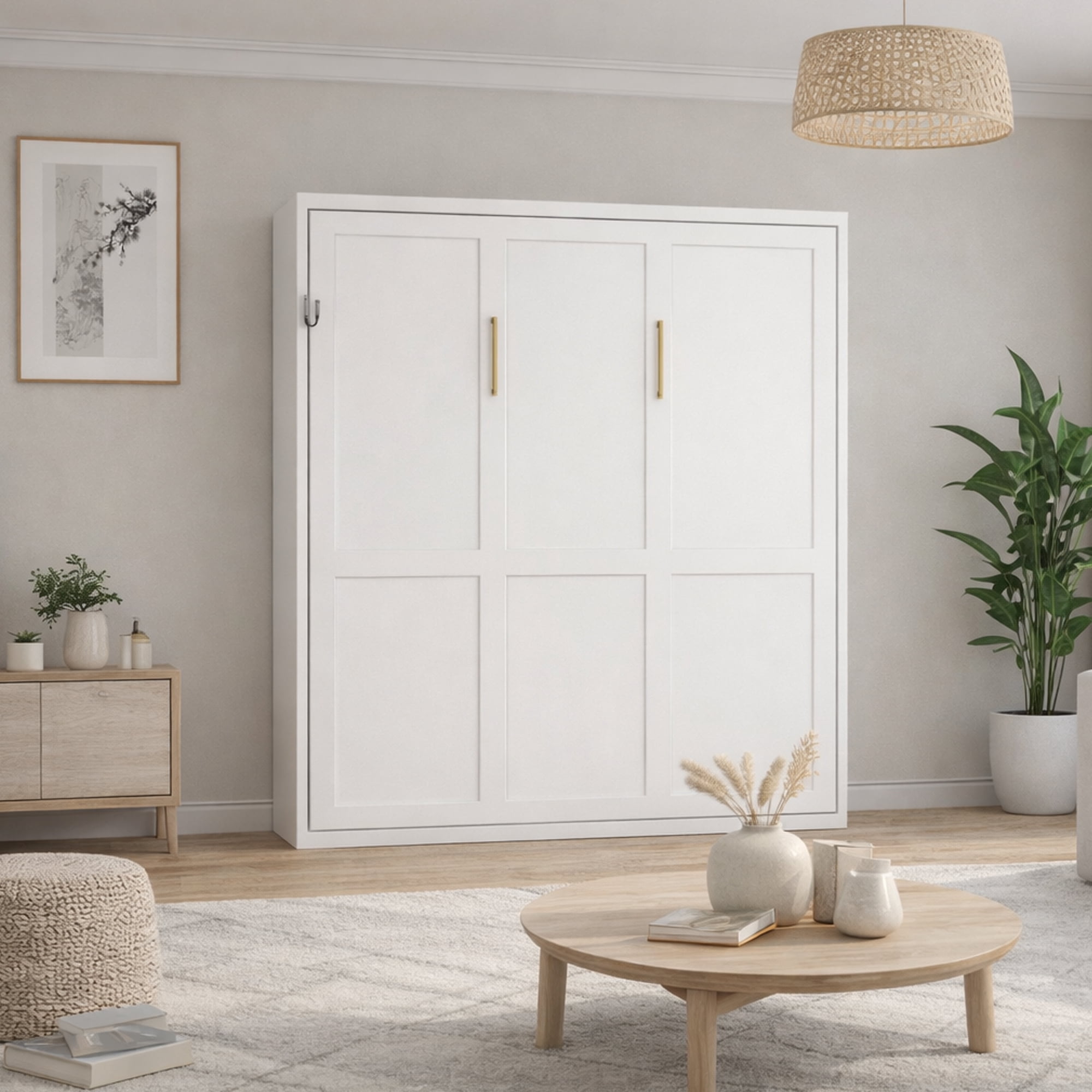 Mintazer Queen Size Foldable Murphy Bed, Convertible Wall Bed into a Cabinet for Living Room Bedroom Apartment Space Saving, White