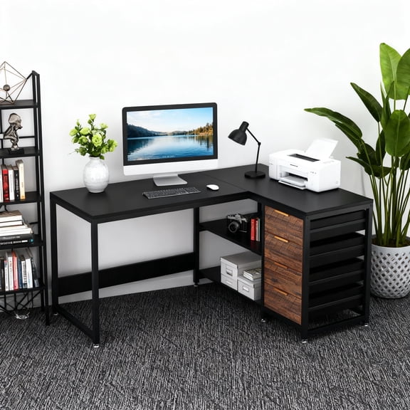 Kiootto 59" L-Shaped Computer Desk with 4 Drawers, Reversible Storage Cabinet and Large Corner Workstation, Brown