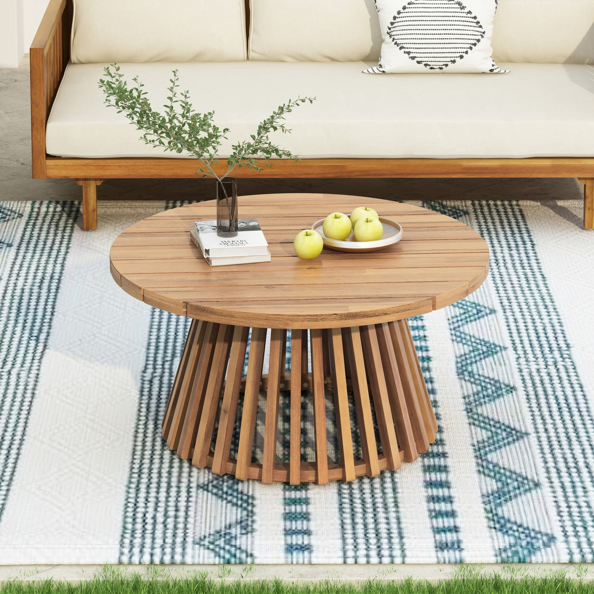 Outdoor Acacia Wood Coffee Table, 31.5" Round Patio Coffee Table for Backyard Balcony Lawn, Weather Resistant Wood Table, Light Teak