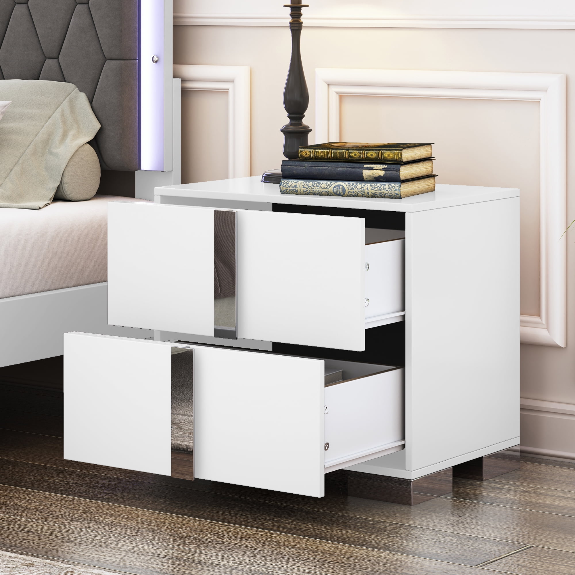 Euroco Wooden Nightstand with 2 Drawers & Metal Foot,Mirrored Bedside Table for Bedroom, Living Room,White