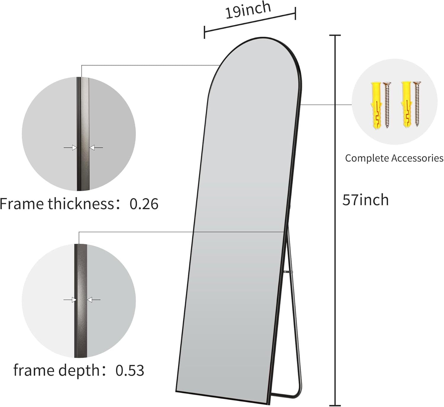Anyrose 57"x 19" Arched Full Length Mirror Floor Mirror with Stand Wall-Mounted, Black