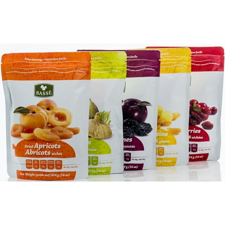 Dried Fruit Healthy Pack - Pitted Prunes, Dried Figs, Apricots, Jumbo Raisins & Cranberries by Basse, Full of Flavor & Energy