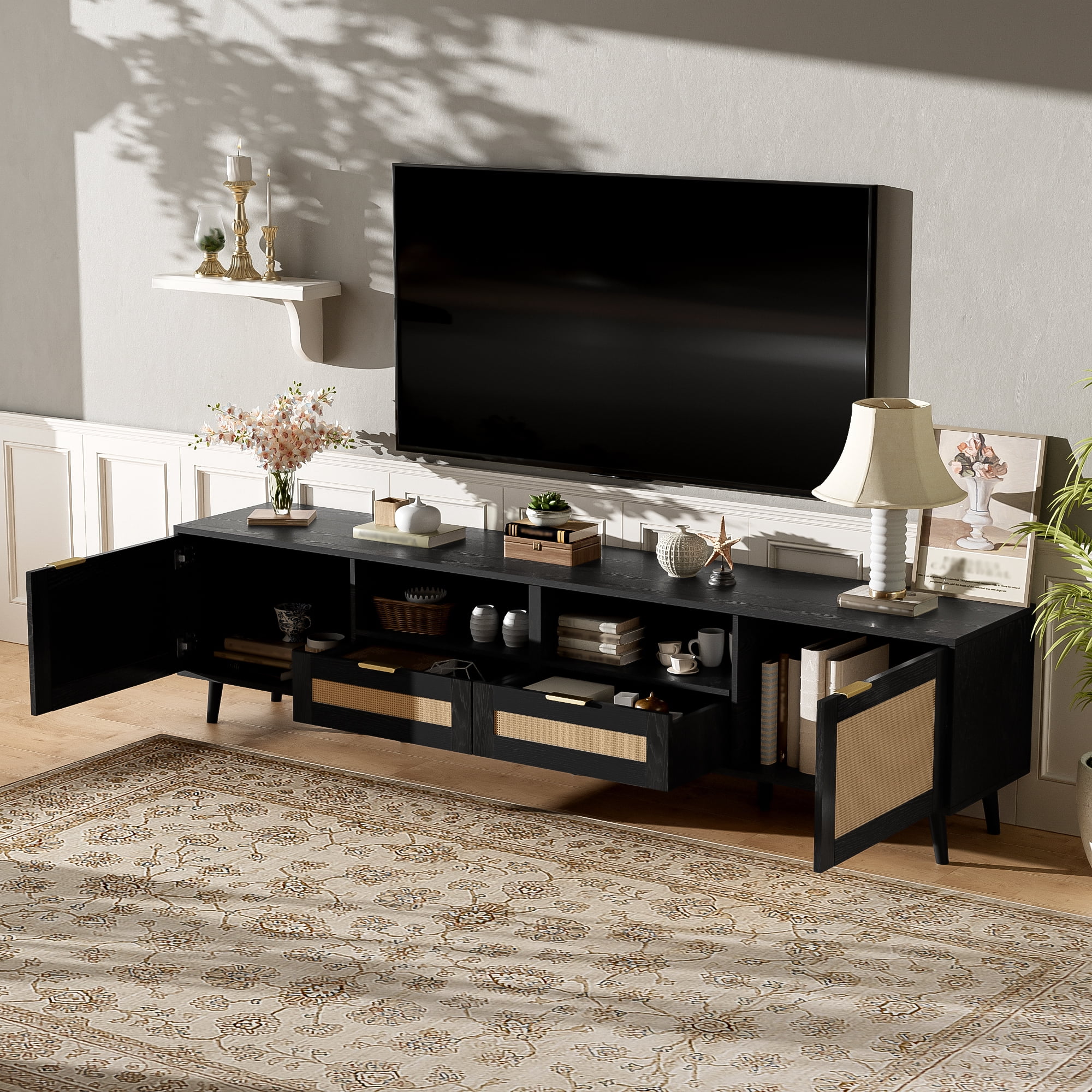 TV Stand for TVs up to 85 Inch, Rattan Media Console with Storage Cabinets & Open Shelves, Entertainment Center with Solid Wood Legs for Living Room