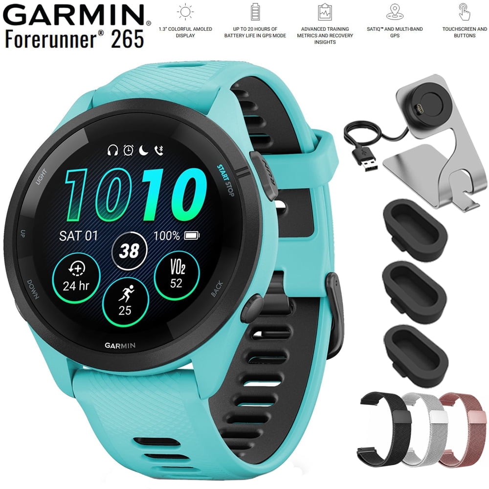 Garmin Forerunner 265 GPS Smartwatch Aqua/Black 010-02810-02 Bundle with Deco Essentials 22mm Milanese Band 3 Pack, Charging Dock and Silicone Dust Cover 3 Pack