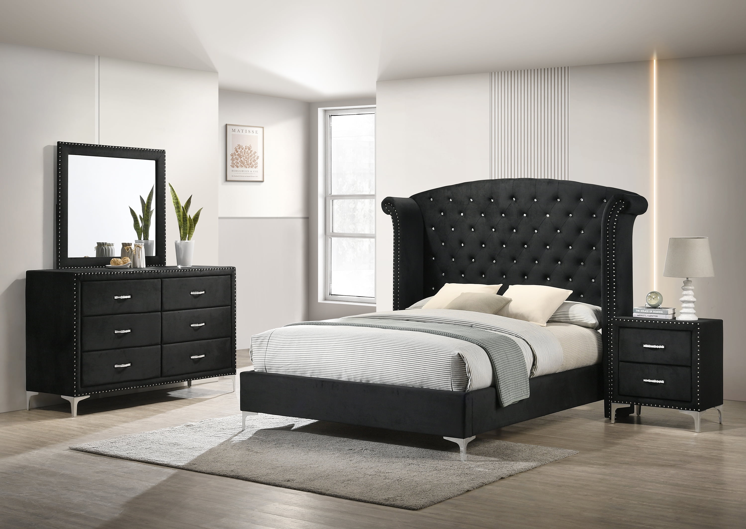 Bed Frame 1pc Glam Upholstered Queen Bed Button-Tufting Wing Back Headboard Button Bedroom Furniture Wood Metal Fabric Black