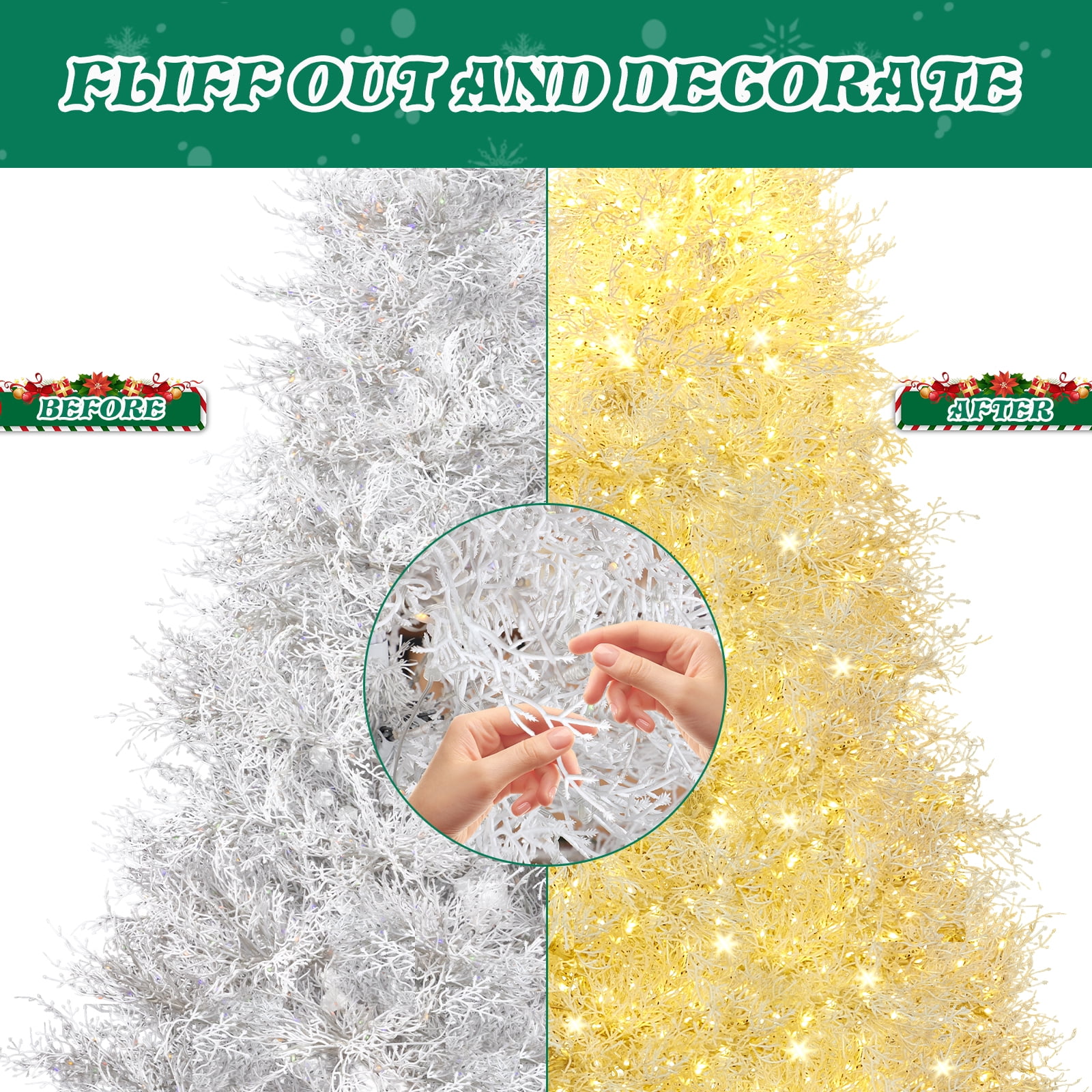 7FT White Christmas Tree, 400 LED Lights with 3 Modes Warm White Multi-color Macaroon, 1218 PE Branch Tips, Flame-Retardant, Reinforced Metal Stand, Indoor Living Room Entryway Office Holiday Decor