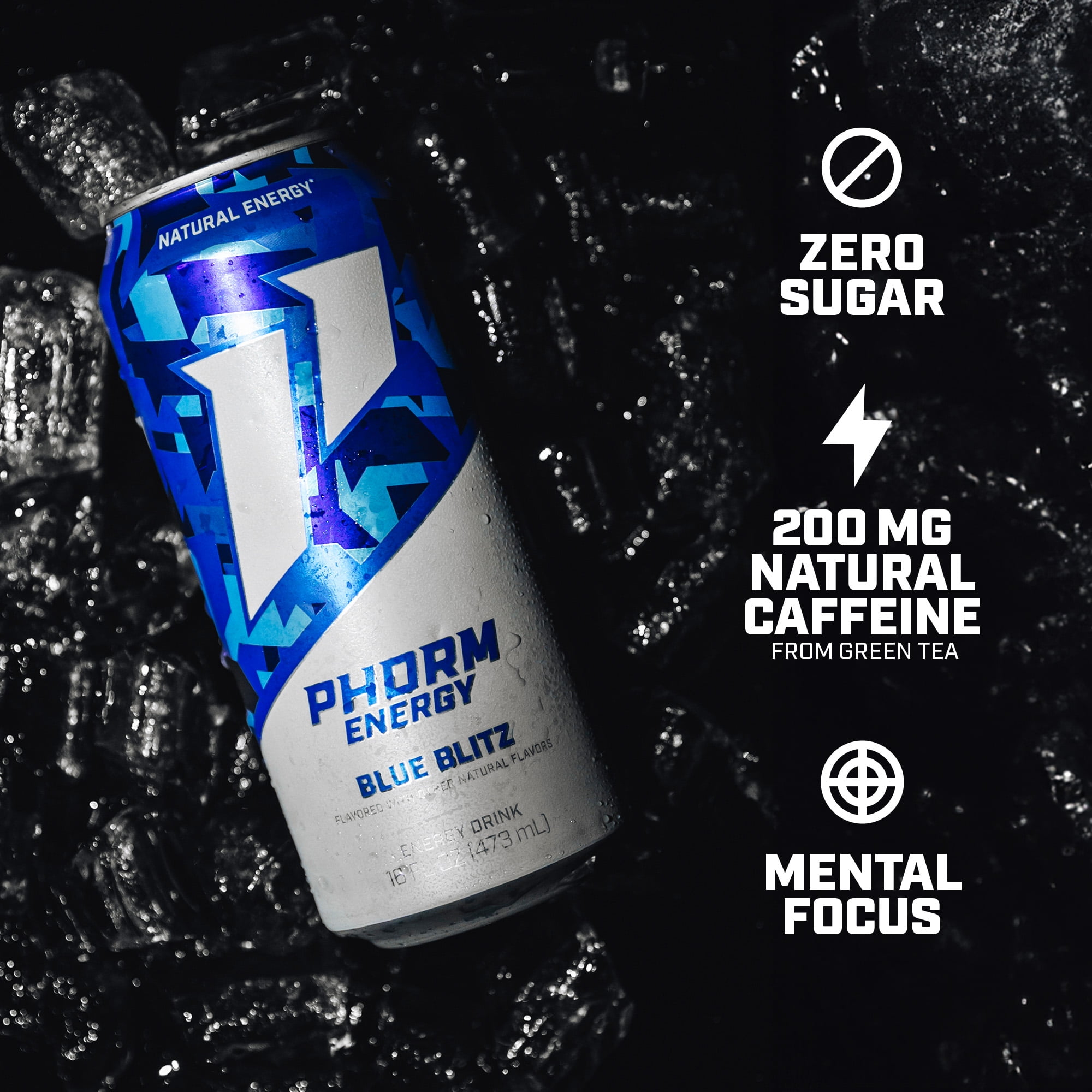 Phorm Sugar Free Energy Drink, Blue Blitz Raspberry Flavor, 16 fl oz Cans, 12 Pack, 200mg Caffeine