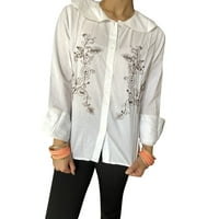 Mogul Women 70s Retro Shirt, White Embroidered Brown Blouse Casual Handmade Bohemian Summer Cotton Tops M