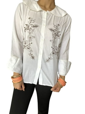 Mogul Women 70s Retro Shirt, White Embroidered Brown Blouse Casual Handmade Bohemian Summer Cotton Tops M