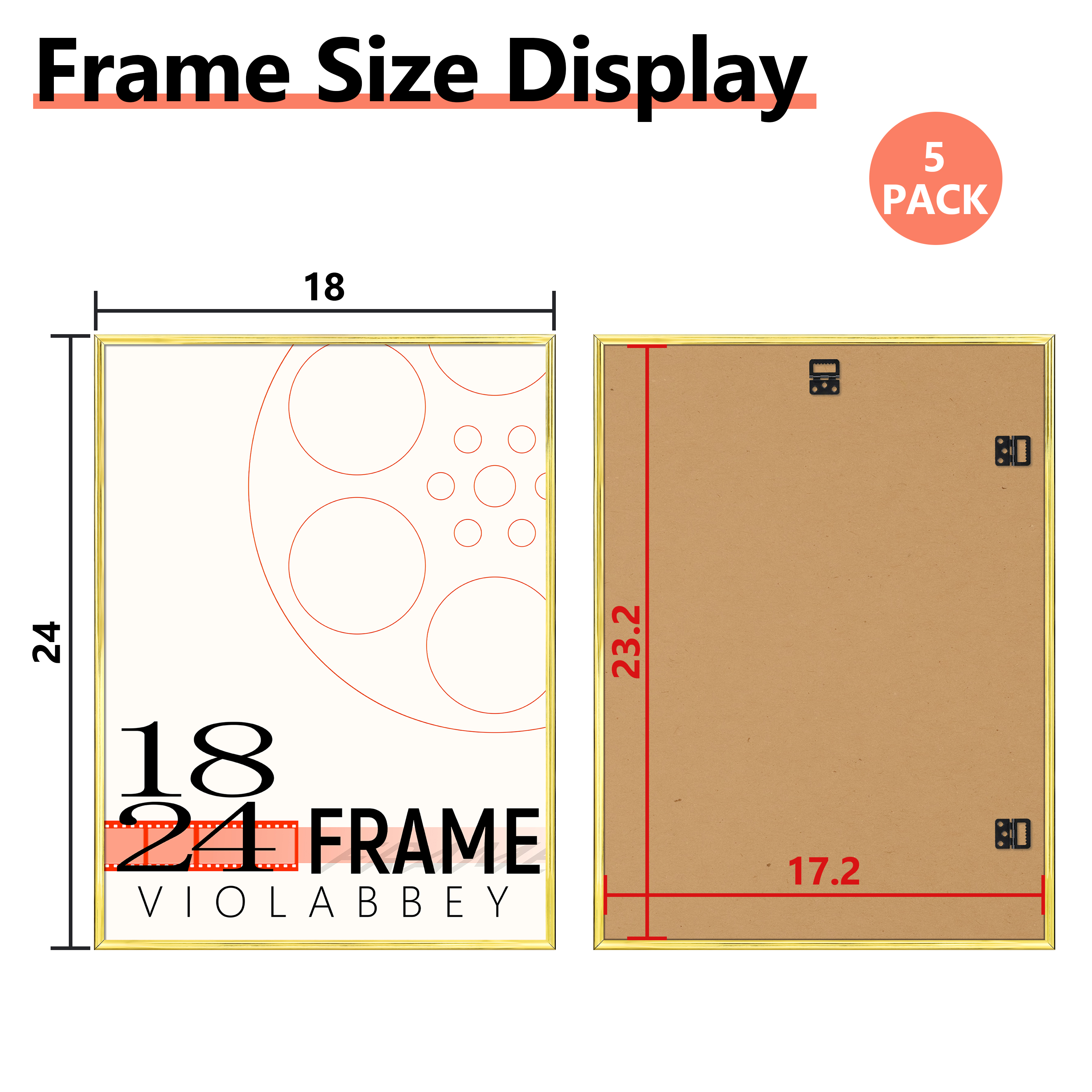 VIOLABBEY 18x24 Frame Set of 5, 18 x 24 Gold Poster Frames for Wall Mounting Vertically or Horizontally, Gallery Wall Picture Frame