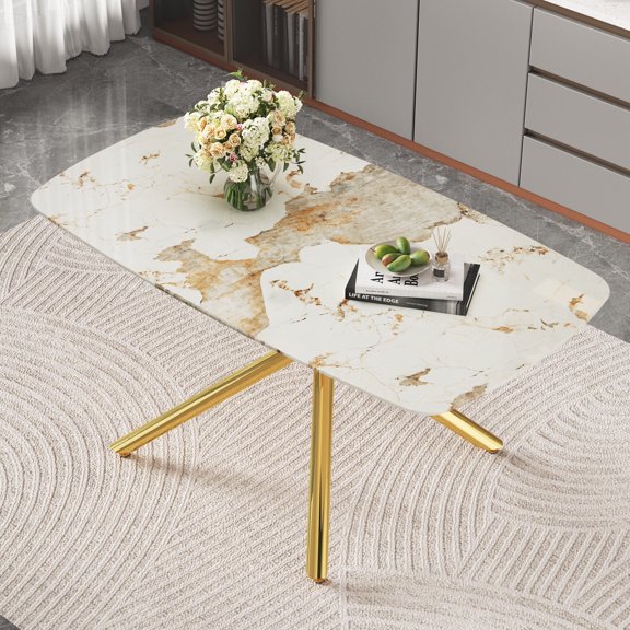 Oufan 63" Rectangular Dining Table, Wooden Dining Table with IMarble-Patterned Tempered Glass Top & Metal Legs, Modern Luxurious Kitchen Table for Dining Room