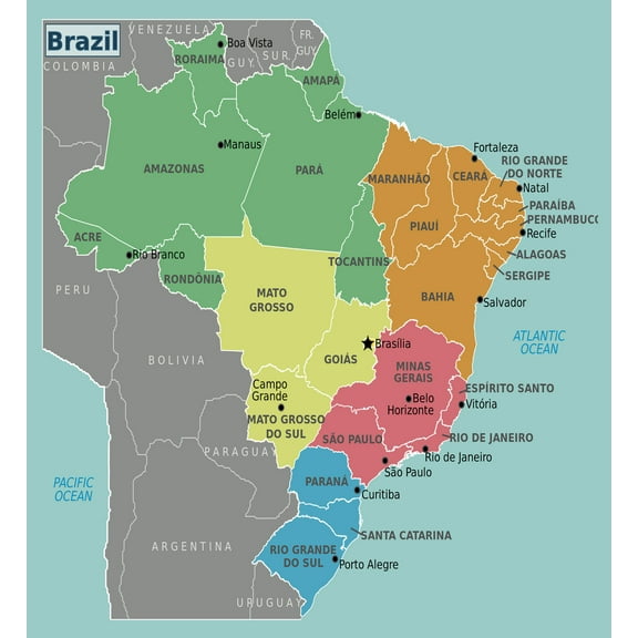 Palmetto Posters Large Brazil Regions Map 22" x 24" Poster