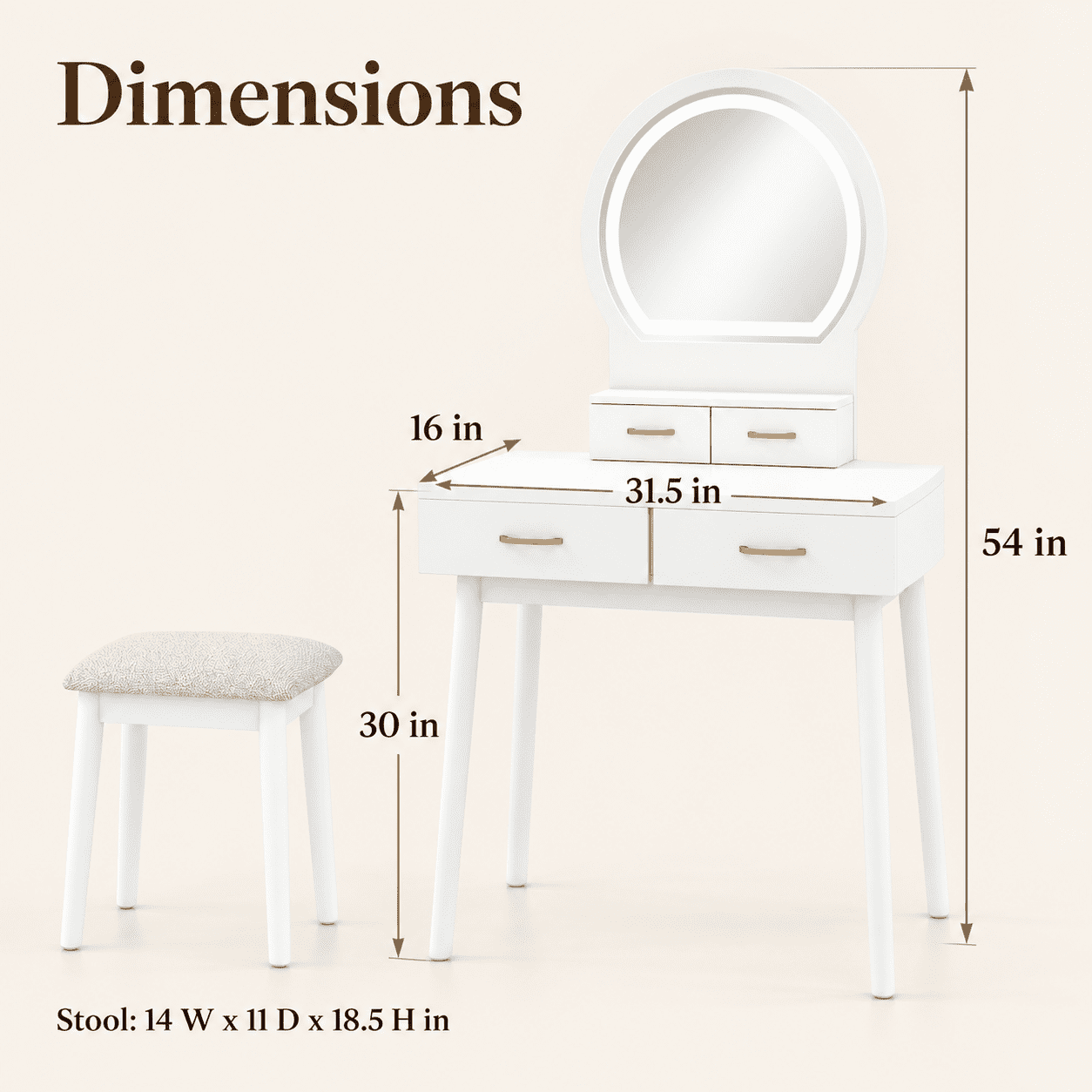 Furnibear Small Vanity Desk Set With LED Lighted Mirror and Cushioned Stool, Compact Makeup Dressing Table With 4 Drawers, White