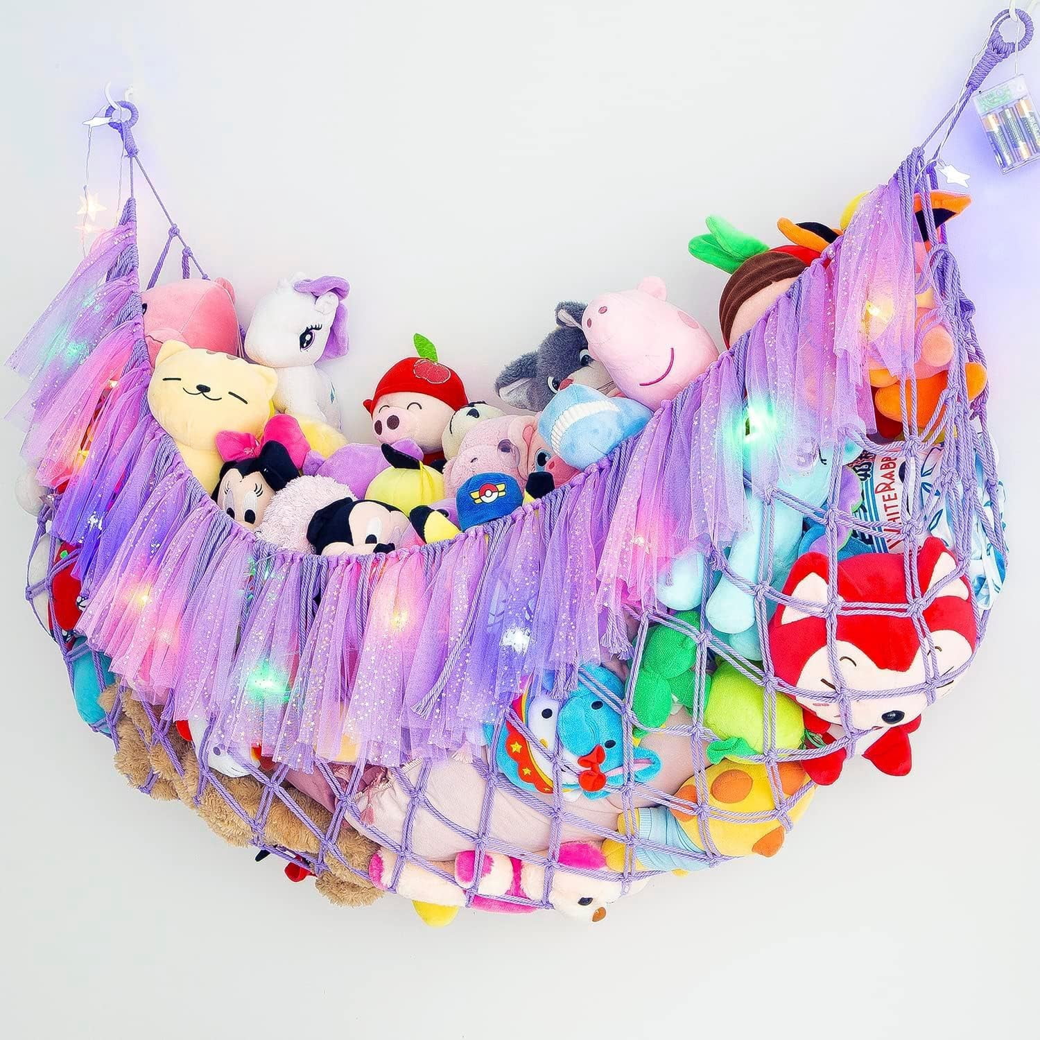 Large Stuffed Animal Net or Hammock with Led and Mesh Ribbon Wall Hanging Toy Net for Stuffed Animals Creative Stuff Animal Storage Ideas Macrame Toy Hammock Stuffed Animal Hammock-Purple