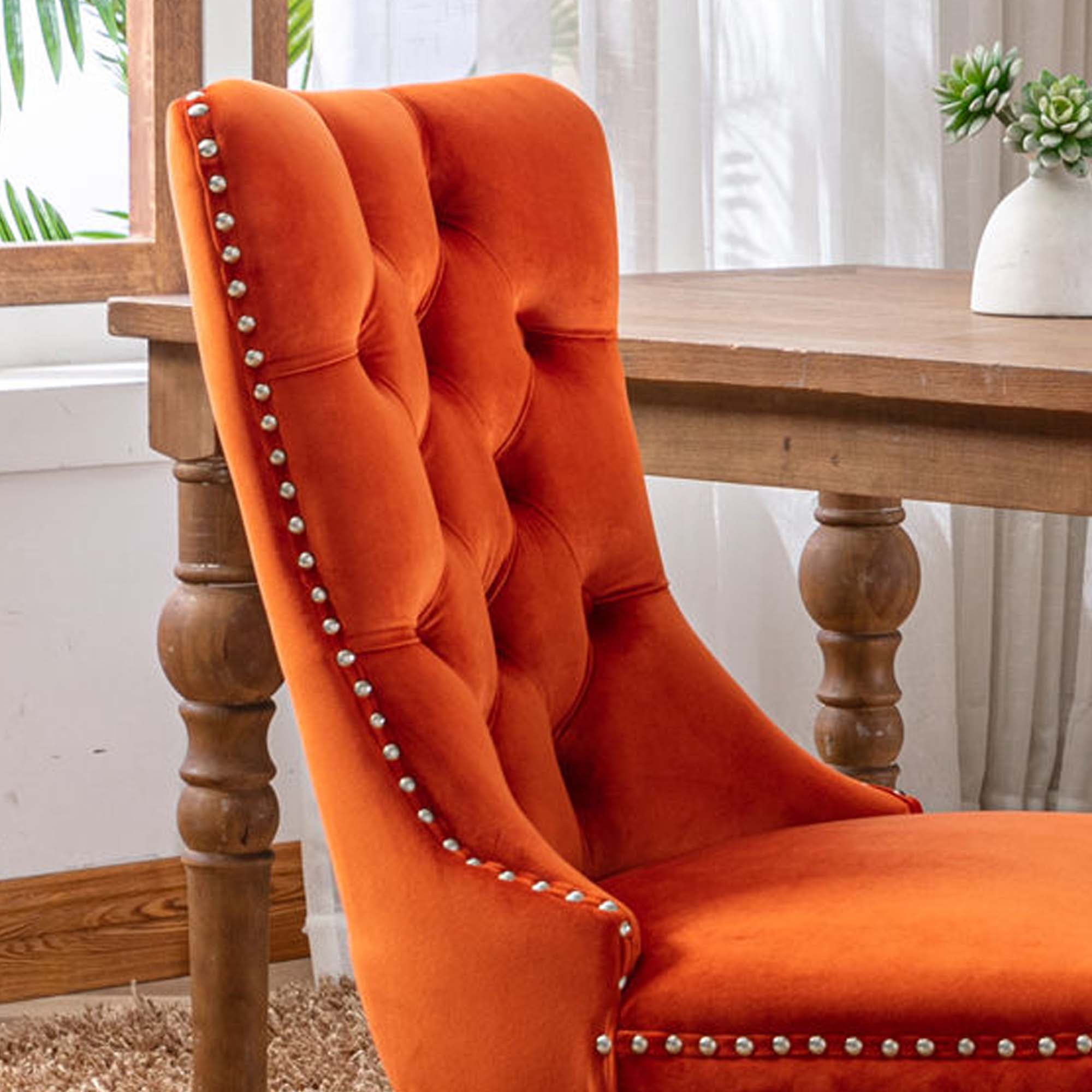 Aukfa High-End Upholstered Dining Chairs Set of 2, Modern Tufted Solid Wood Side Chair with Nailhead Trim - Orange