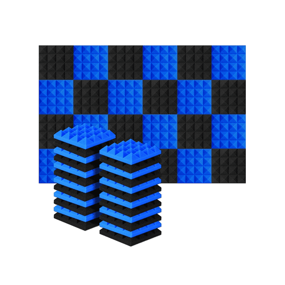 24Pcs 25X25X5Cm Studio Acoustic Soundproof Foam Pyramid Noise Insulation Sound Absorption Treatment Panels Black Blue