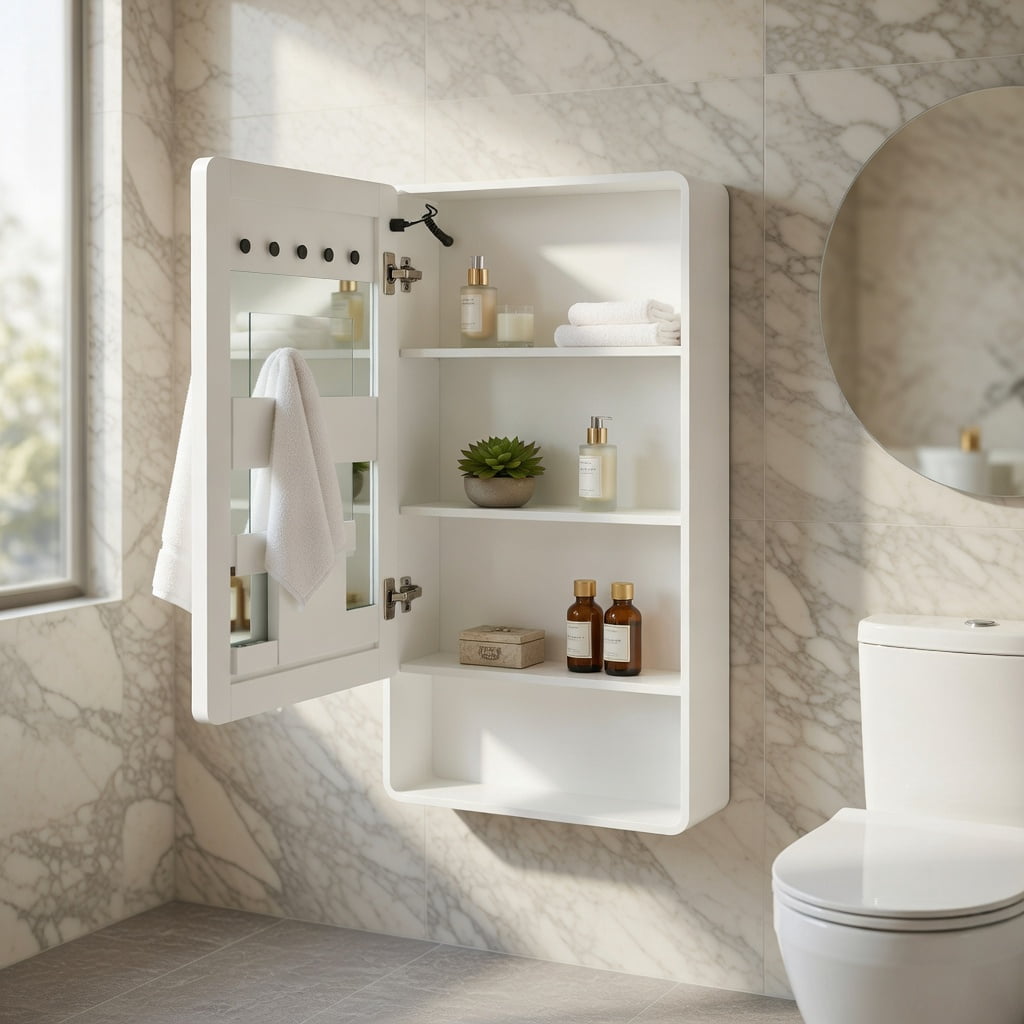 Hommoo Modern LED Bathroom Medicine Cabinet with Anti-Fog Mirror, Warm White Lighting & Wall-Mounted Aluminum-Plastic Design, Single Door, White
