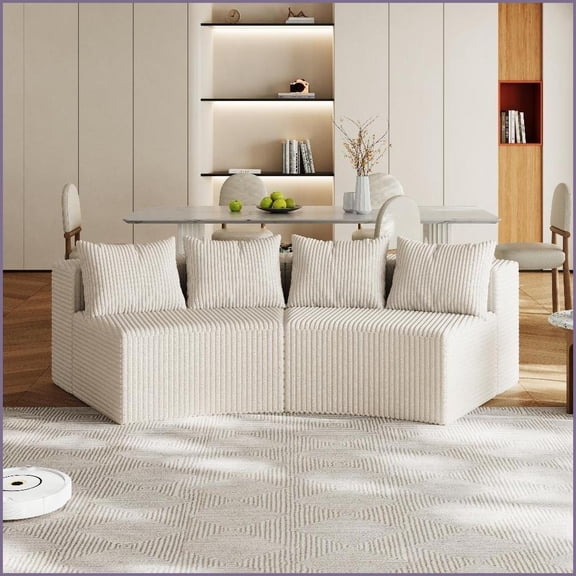 Curved Modular Sectional Sofa – Plush Corduroy, 4 Pillows, No Assembly for Living Room/Bedroom | Corduroy | Cushion Back | Off-White