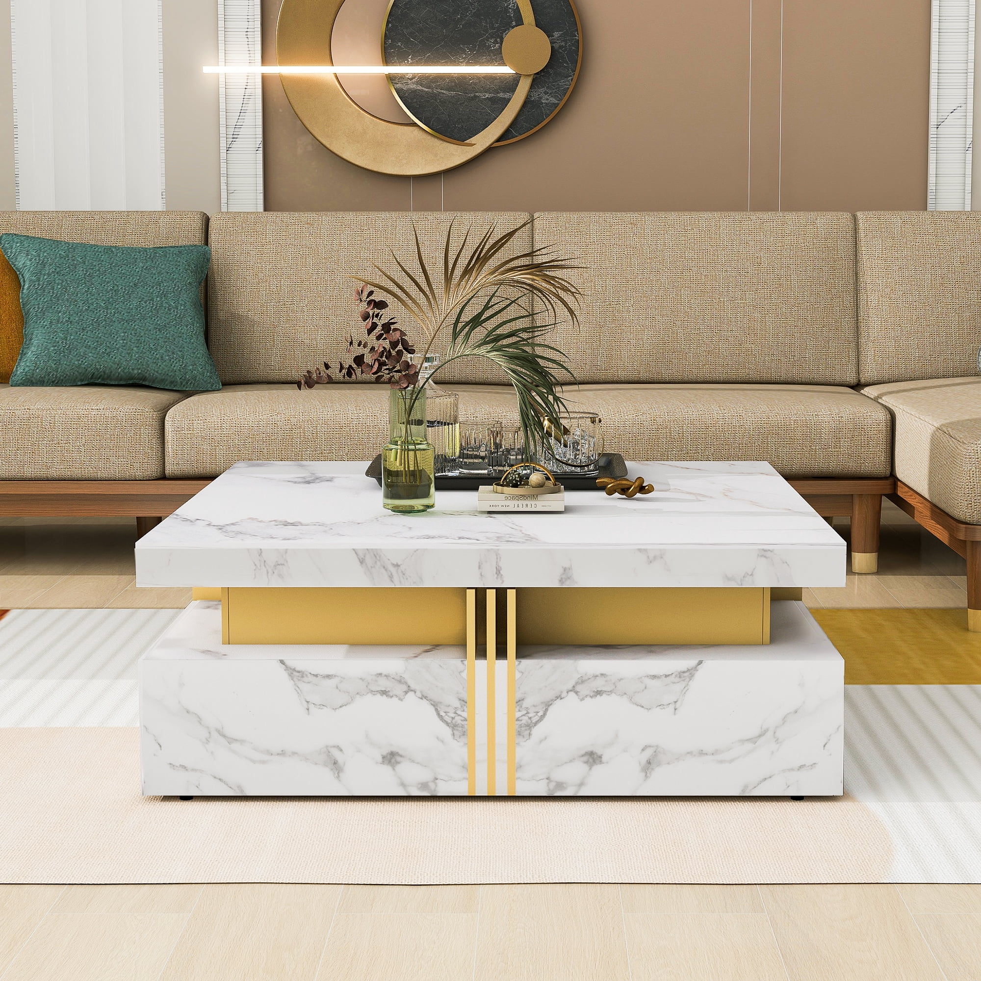 Euroco Modern White Square Storage Coffee Table with 4 Drawers