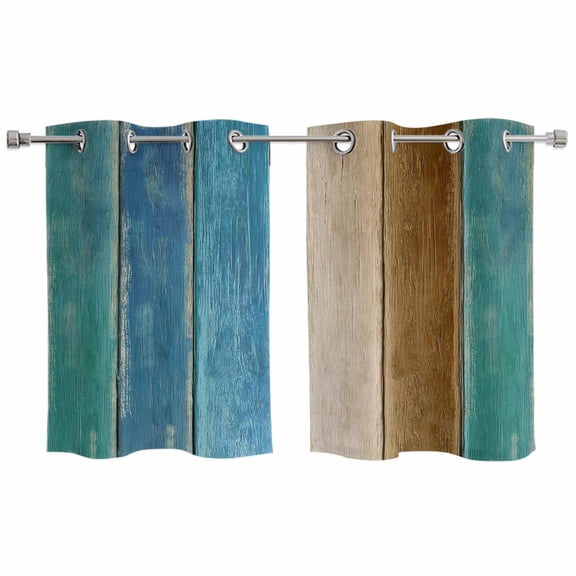 Teal Brown Blue Wooden Kitchen Curtains Small Short 39 Inch Length, Farmhouse Vertical Striped Art Grommet Top Bedroom Living Room Curtains, Light Filtering Cafe Curtain Drapes 2 Panels Set 55''x39''