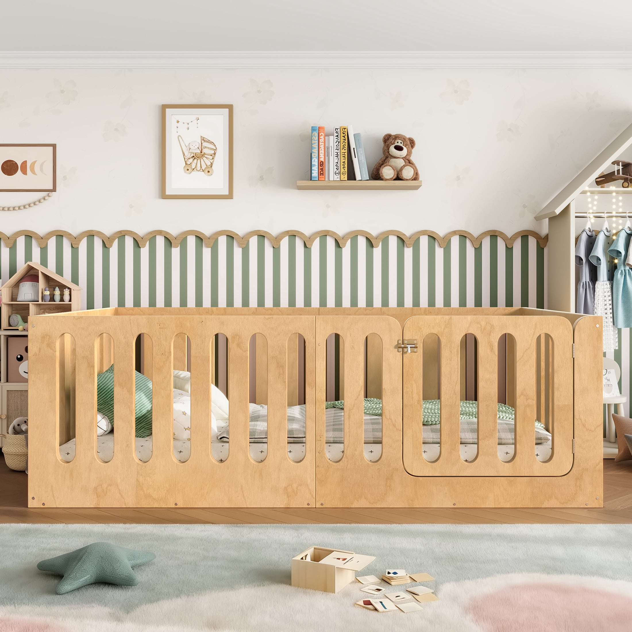Noble House Twin Size Montessori Floor Bed with High Fence, Solid Wood Kids Bed Frame, Natural
