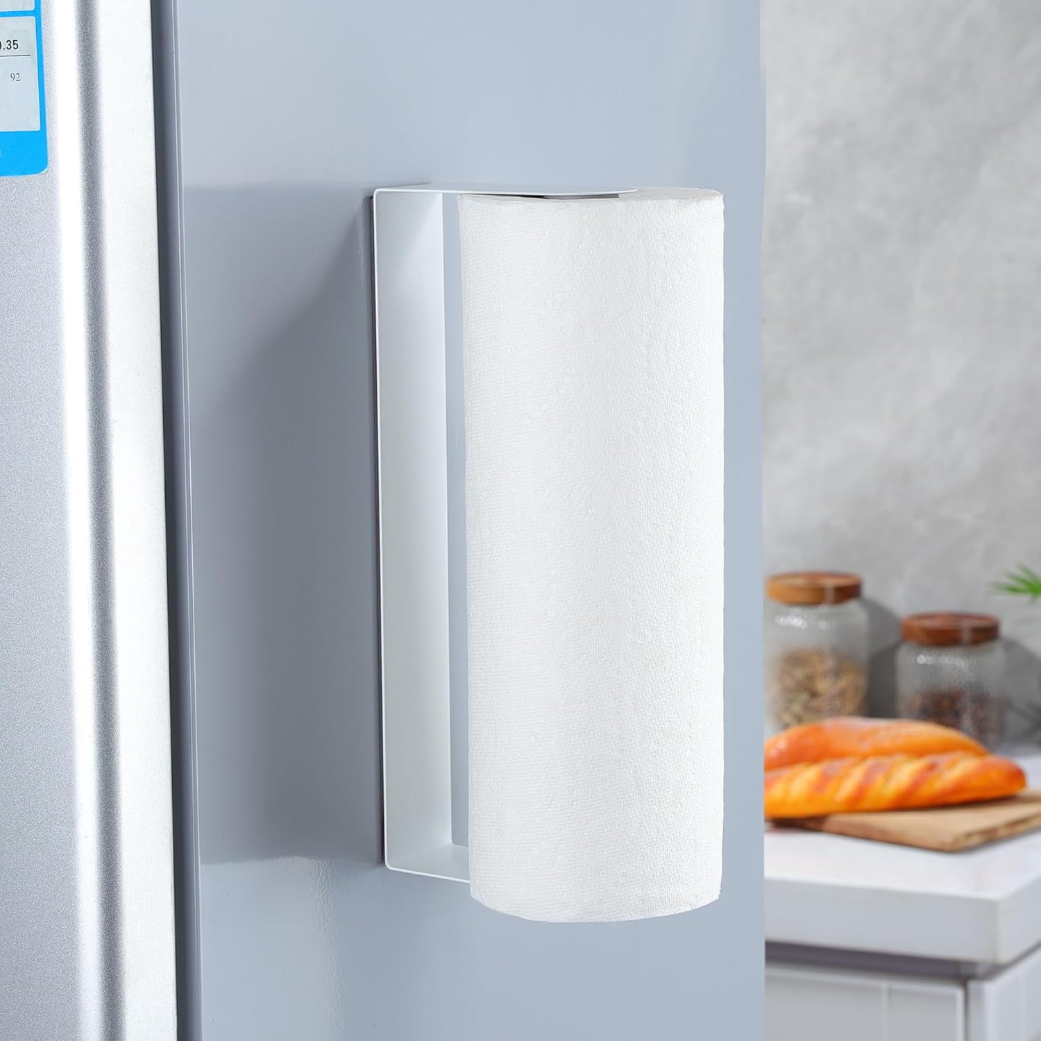 RGHJAR-Magnetic Paper Towel Holder - Multifunctional White Paper Towel Rack with Strong Magnetic Fit Most Size Paper Towels for Refrigerator, Rv, Garage, BBQ