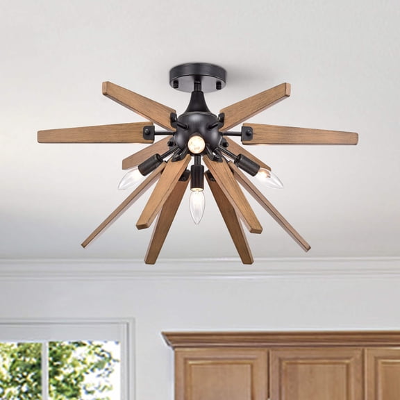 The Lighting Store Bernice 4-Light Antique Black Finish Sputnik Natural Wood Flush Mount