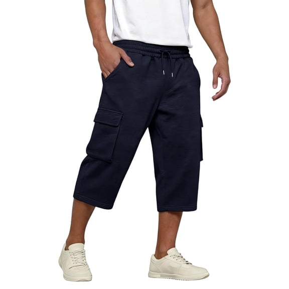 HKYNLAG Mens Long Cargo Shorts Drawstring Elastic Waist Capri Pants Below Knee Casual Short with Pockets Navy M