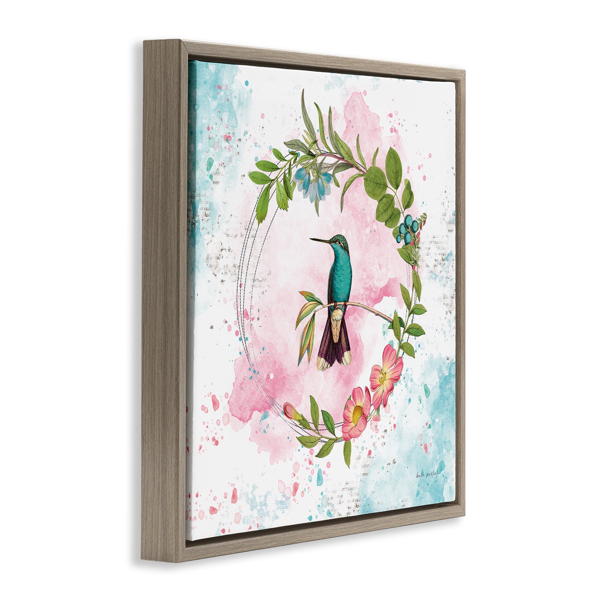 Stupell Industries Delicate Hummingbird Wreath Animals Painting Brown Floater Framed Canvas Art Print Wall Art, 18 x 18