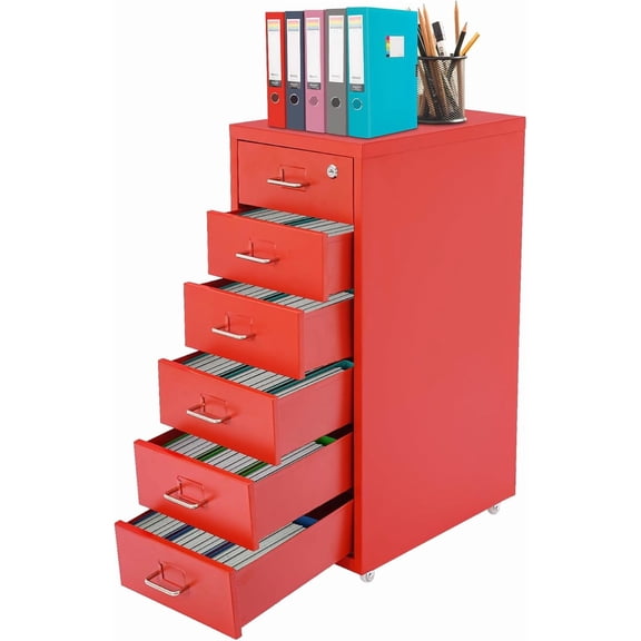 Red 6-Drawer Rolling File Cabinet with Lock, Metal Office Storage Cabinet