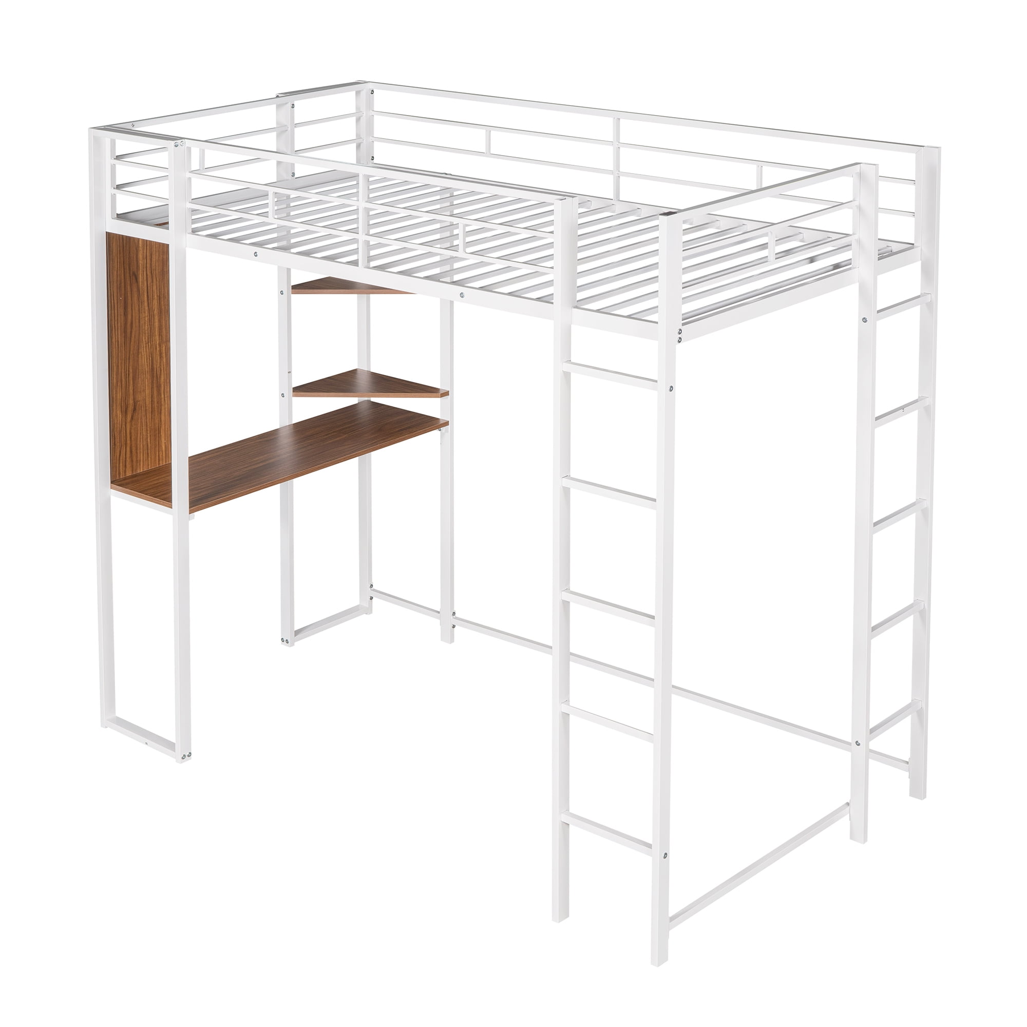 Gewnee Metal Twin Size Loft Bed with Desk, Two Shelves and Built-in 2 Ladders for Kids Teens,White