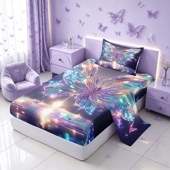 Homewish Dreamy Butterfly Twin Sheets for Girls, Princess Style Bedding, 3pcs (1 Flat Sheet, 1 Fitted Sheet and 1 Pillowcase)