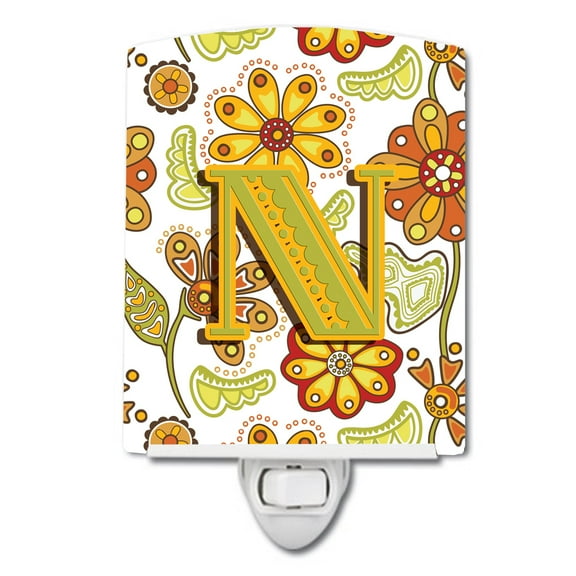 Caroline's Treasures CJ2003-NCNL Letter N Floral Mustard and Green Ceramic Night Light, 6x4x3", multicolor