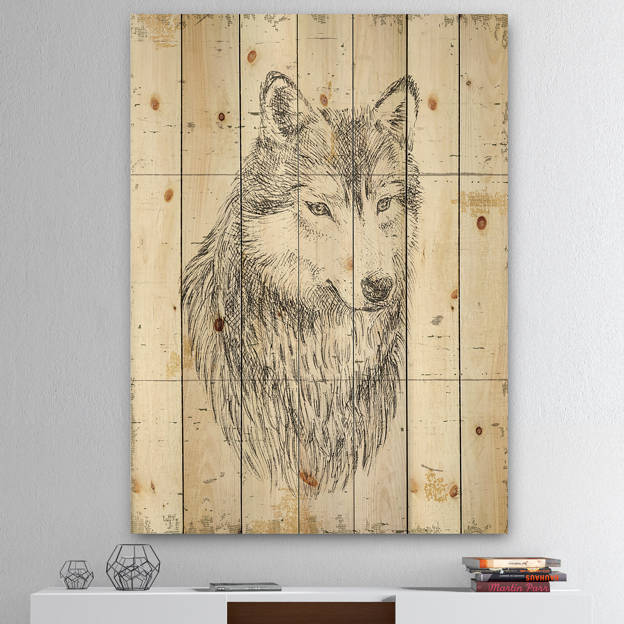 Designart 'Wild Beautiful Wolf' Wildlife Animal Print on Natural Pine Wood