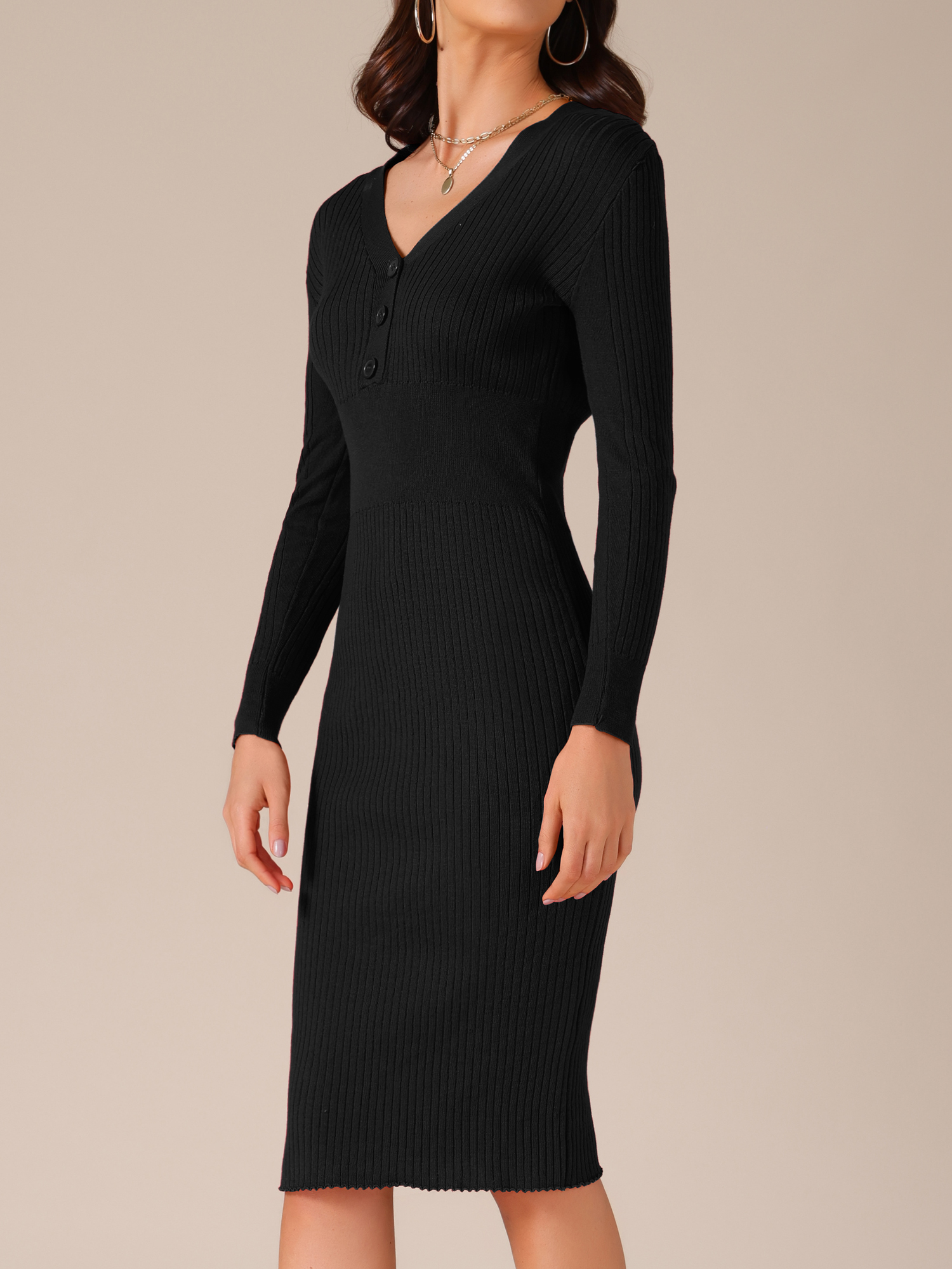 DARING DIVA V Neck Long Sleeve Slim Fitted Midi Dress XS Black