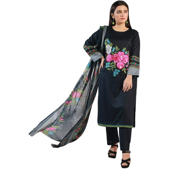 Pakistani Lawn Salwar Kameez Indian Dresses for Women Ready to Wear Embroidered(Medium, Smoky Black)