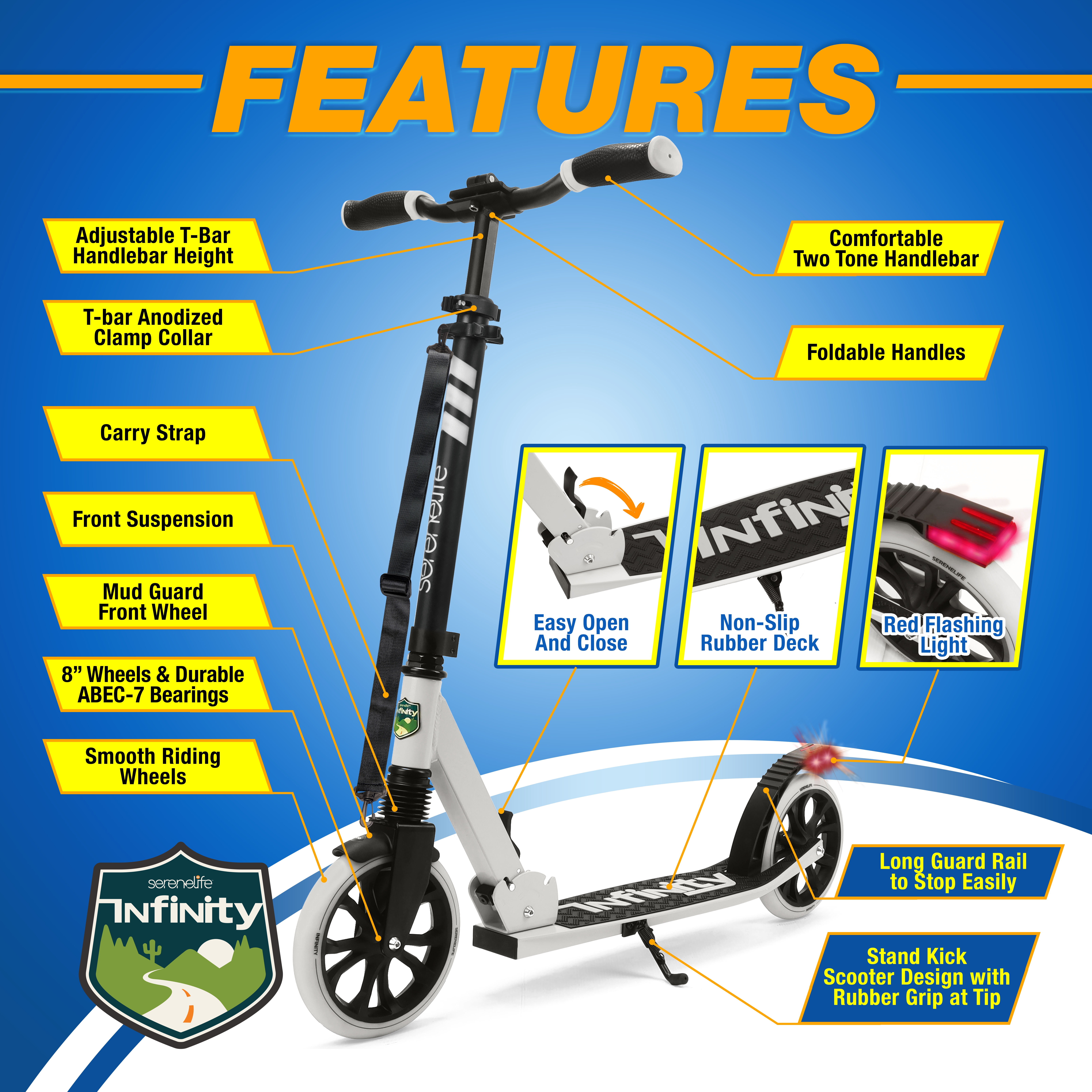 SereneLife Lightweight and Foldable Kick Scooter - Adjustable Scooter for Teens and Adult (Black and White)